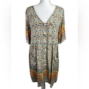 Elings V Neck Short Sleeve Bohemian Floral Dress‎ with Pockets Size XL